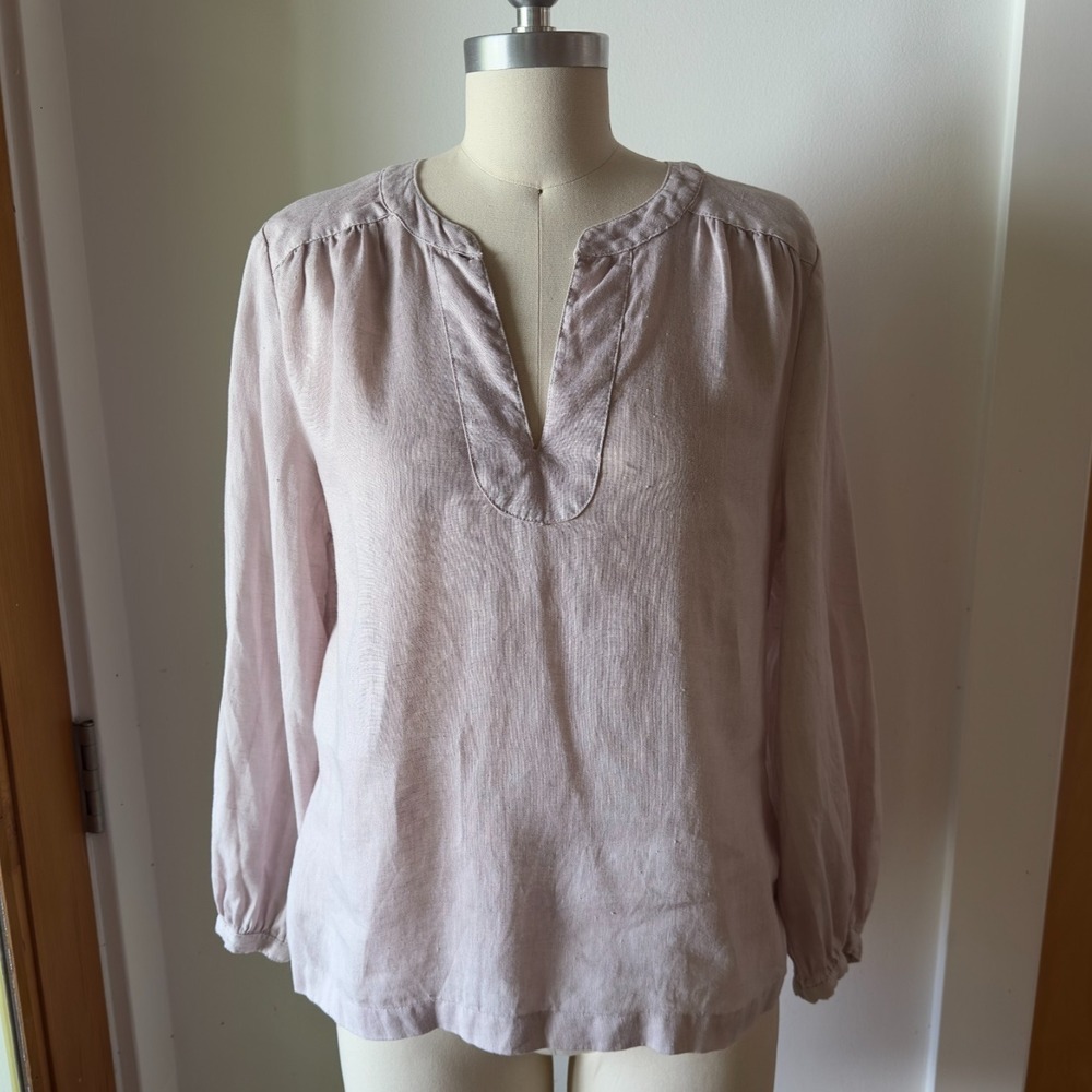 H by Halston 100% Linen Split-neck Lightweight Peasant‎ Boho Blouse-Beige-Size S